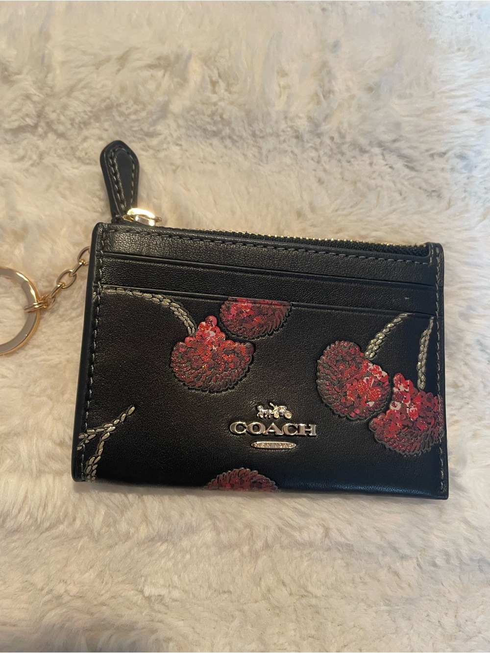 Coach Black Leather Card Wallet with Red Cherry Motif